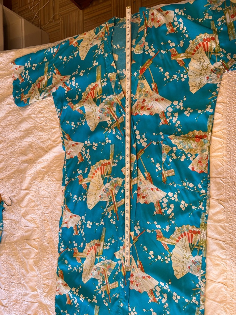 Turquoise Floral Fan Print Long Kimono Robe - Picture 11 of 13
